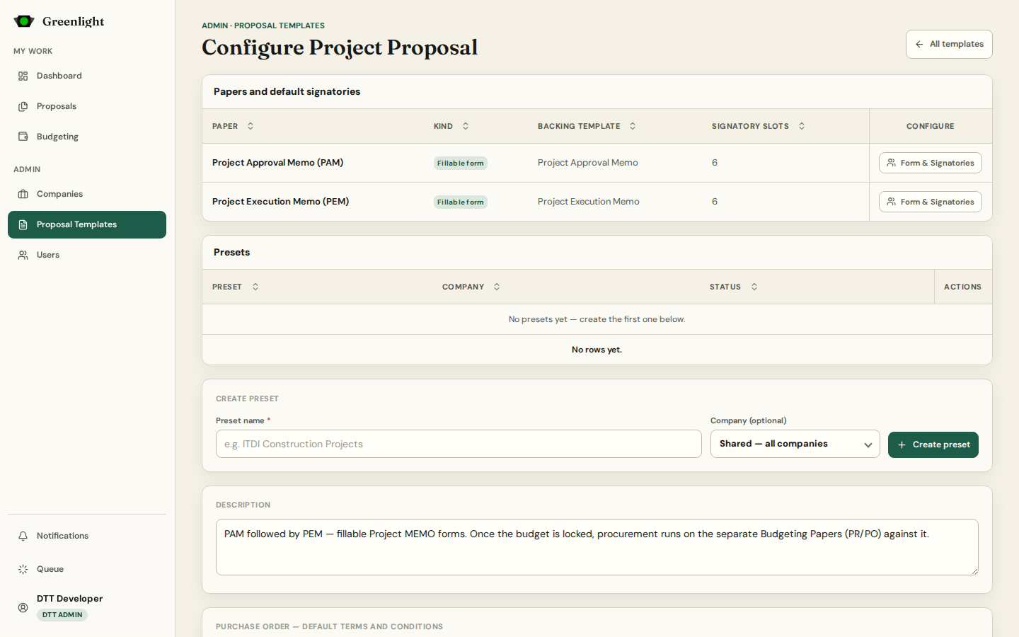 Configure — papers, default signatories, presets screenshot
