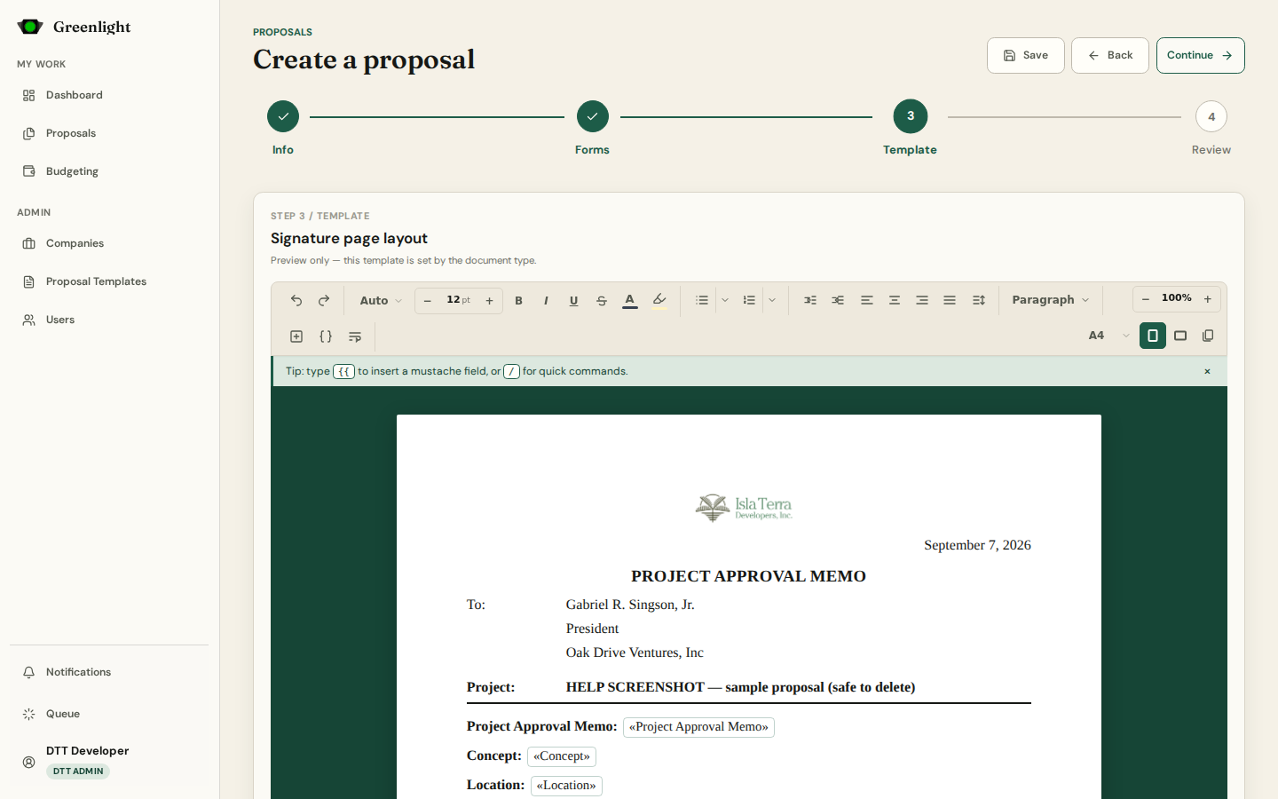 Step 3 Template — signature page layout screenshot